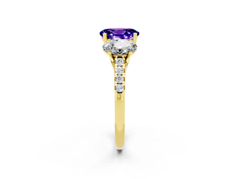 Yellow gold Three-Stone Oval Cut Tanzanite Ring with Pavé Band and Prong Setting_14