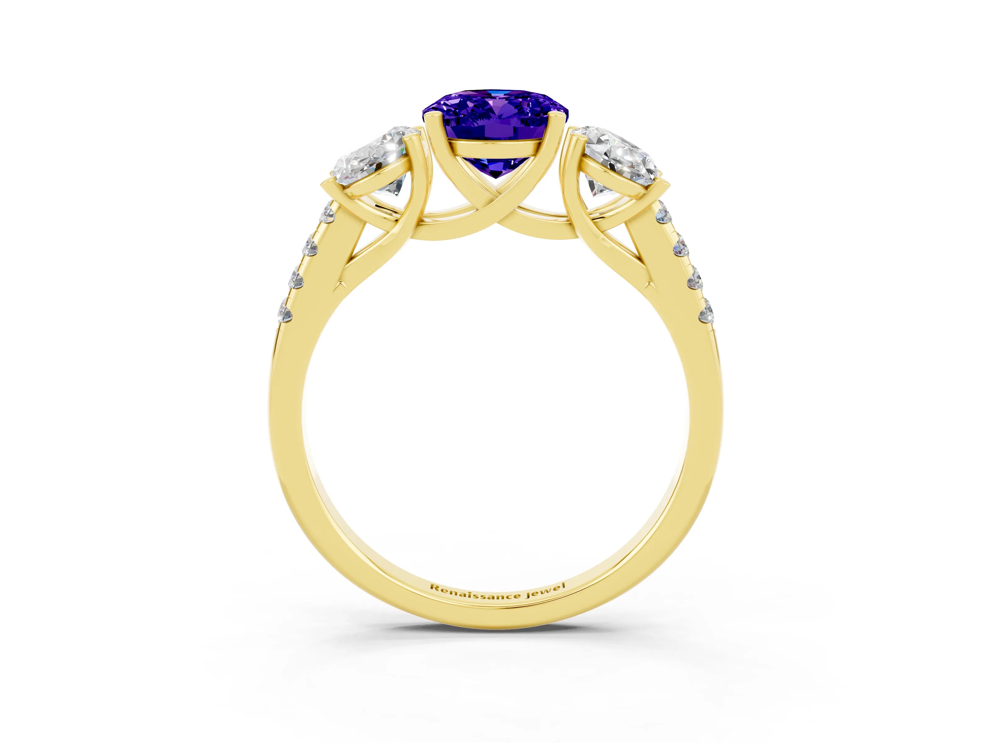 Yellow gold Three-Stone Oval Cut Tanzanite Ring with Pavé Band and Prong Setting_15