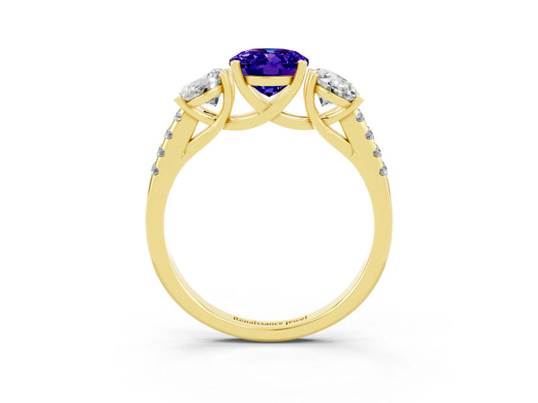 Yellow gold Three-Stone Oval Cut Tanzanite Ring with Round  Pavé Band and Prong Setting