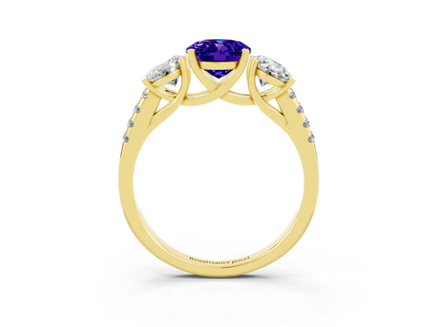 Yellow gold Three-Stone Oval Cut Tanzanite Ring with Pavé Band and Prong Setting_15