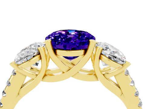 Yellow gold Three-Stone Oval Cut Tanzanite Ring with Pavé Band and Prong Setting_16