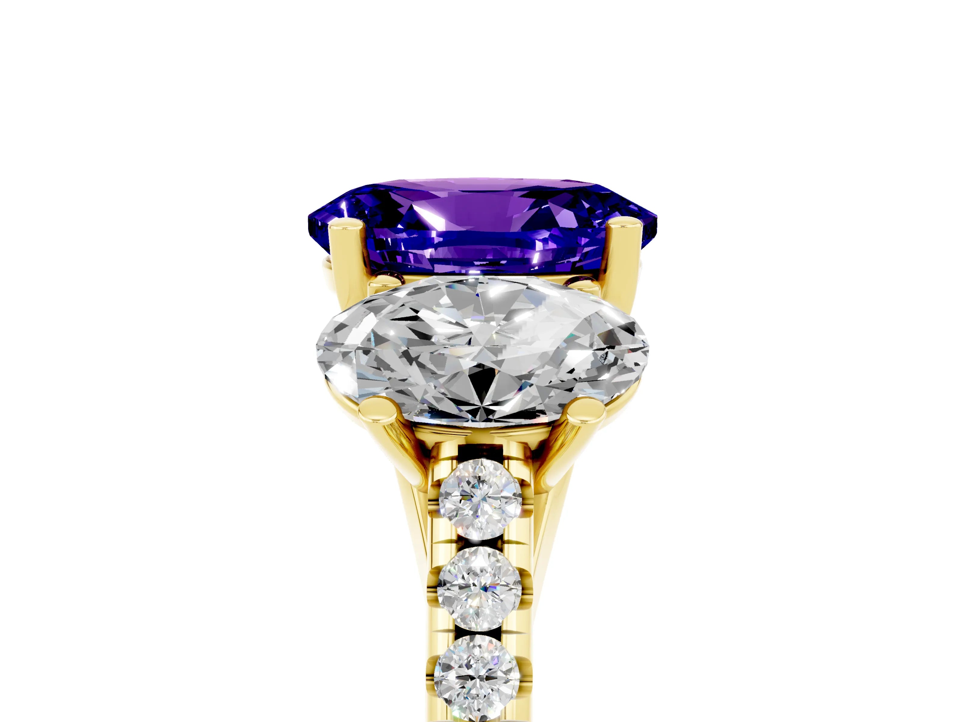 Yellow gold Three-Stone Oval Cut Tanzanite Ring with Pavé Band and Prong Setting_17