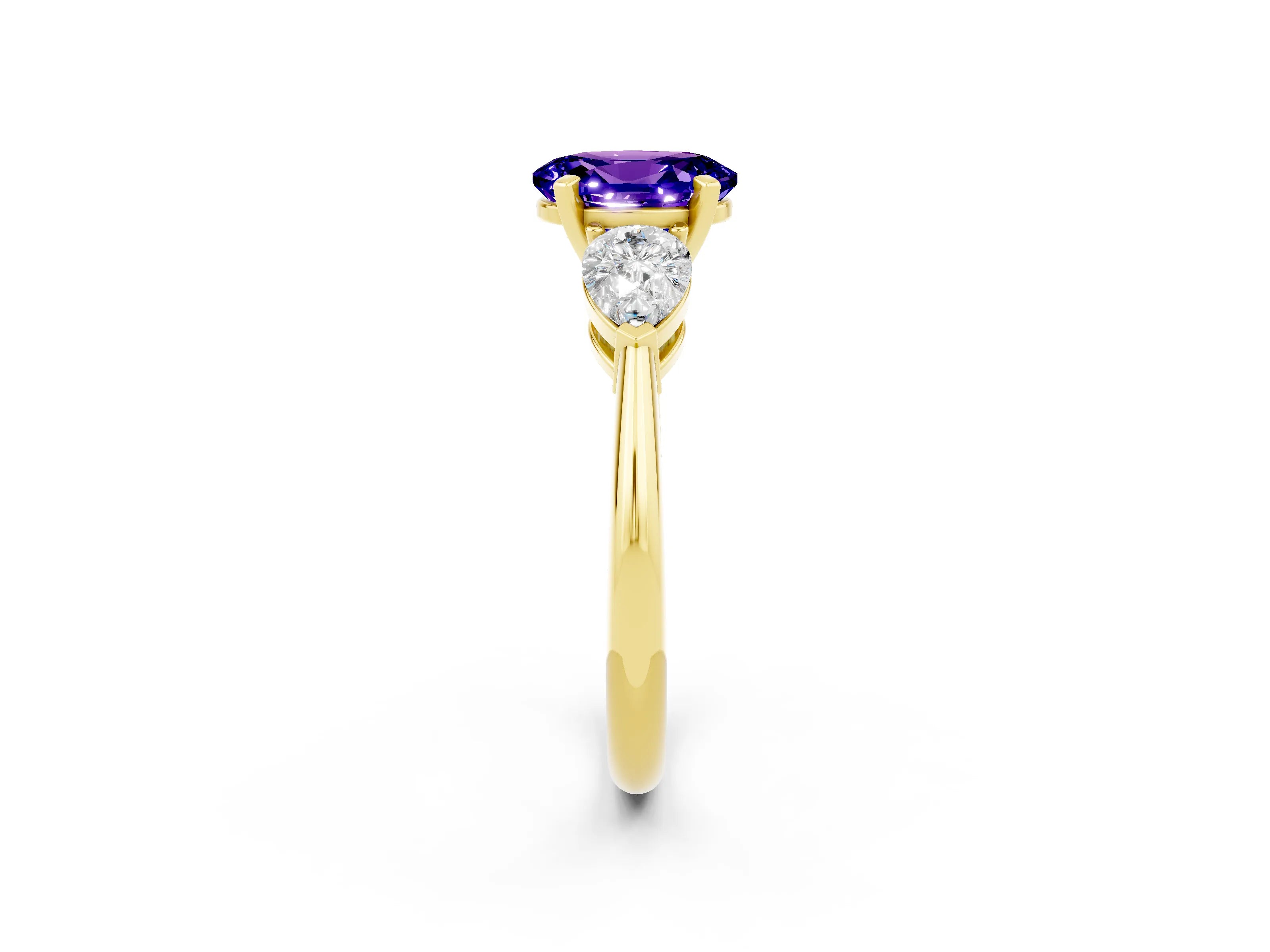 Yellow gold Three-Stone Oval Cut Tanzanite Ring with Pear Side Stones and Four-Prong Setting_2