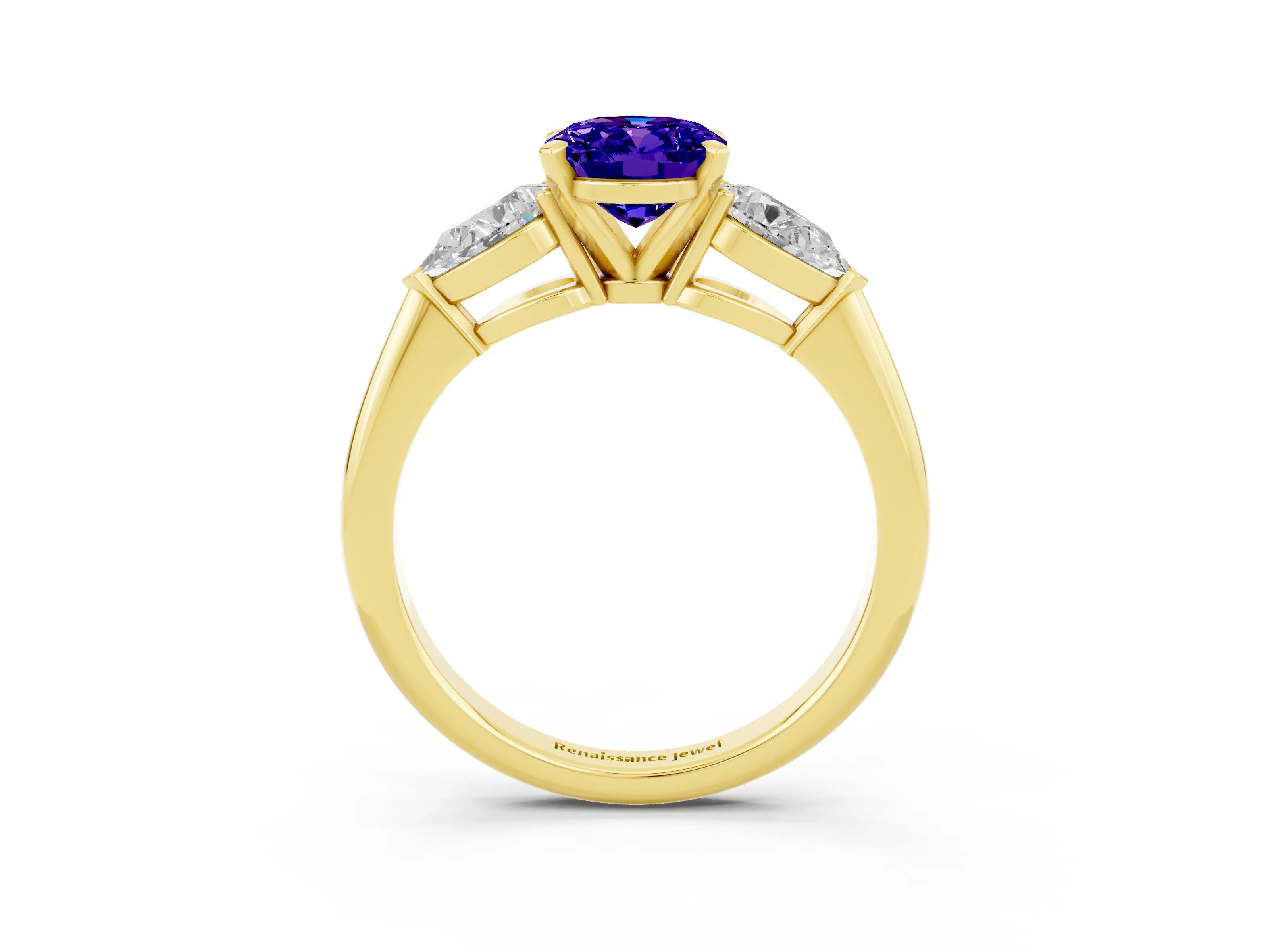 Yellow gold Three-Stone Oval Cut Tanzanite Ring with Pear Side Stones and Four-Prong Setting_3