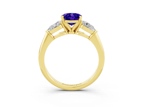 Yellow gold Three-Stone Oval Cut Tanzanite Ring with Pear Side Stones and Four-Prong Setting