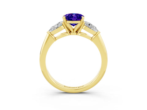 Yellow gold Three-Stone Oval Cut Tanzanite Ring with Pear Side Stones and Four-Prong Setting_3