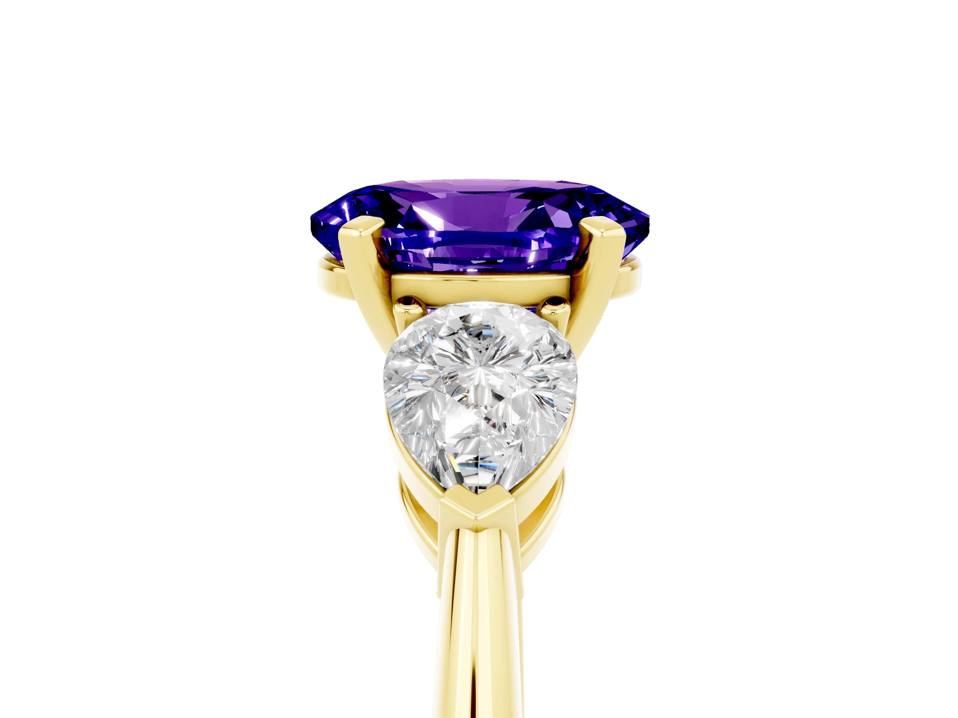 Yellow gold Three-Stone Oval Cut Tanzanite Ring with Pear Side Stones and Four-Prong Setting_5