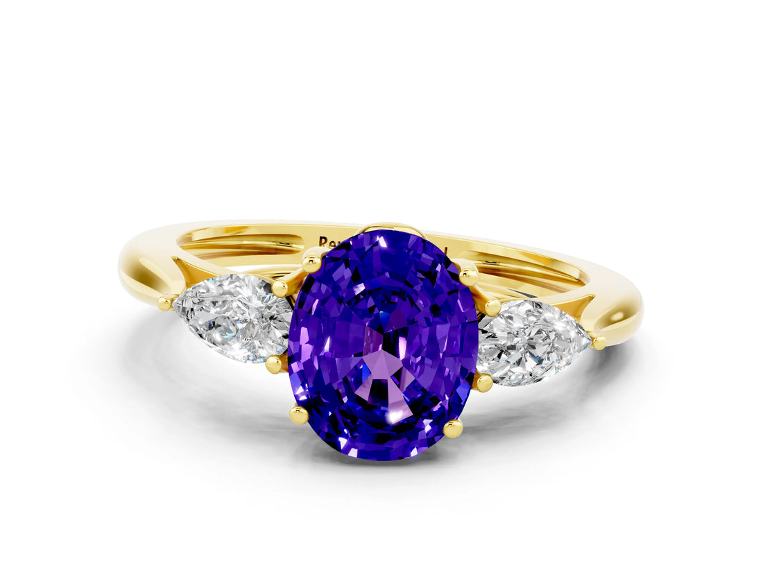 Yellow gold Three-Stone Oval Cut Tanzanite Ring with Pear  Side Stones in Four-Prong Setting_12