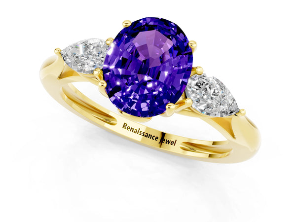 Yellow gold Three-Stone Oval Cut Tanzanite Ring with Pear  Side Stones in Four-Prong Setting