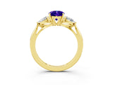 Yellow gold Three-Stone Oval Cut Tanzanite Ring with Pear  Side Stones in Four-Prong Setting_15
