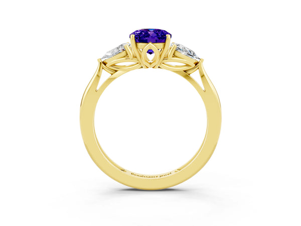 Yellow gold Three-Stone Oval Cut Tanzanite Ring with Pear  Side Stones in Four-Prong Setting