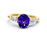 Yellow gold Three-Stone Oval Cut Tanzanite Ring with Pear  Side Stones in Four-Prong Setting_36