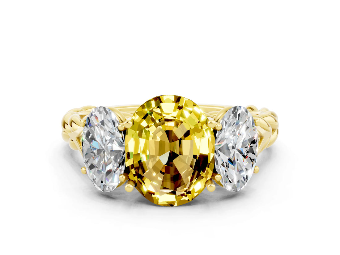 Yellow gold Three-Stone Oval Cut Yellow Sapphire Braided Band Ring with Four-Prong Setting_36