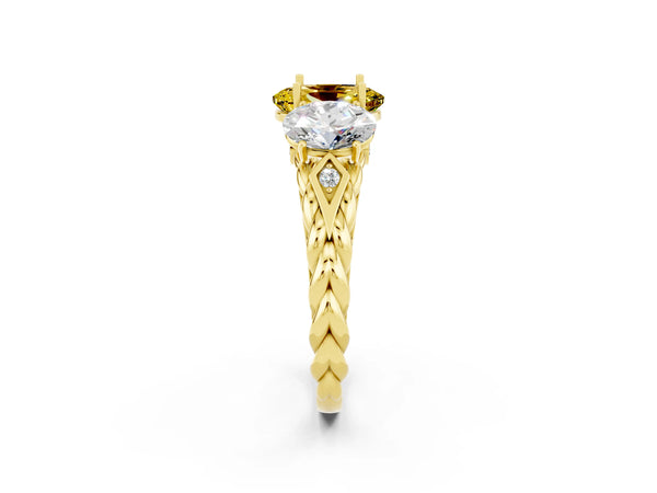 Yellow gold Three-Stone Oval Cut Yellow Sapphire Braided Band Ring with Four-Prong Setting