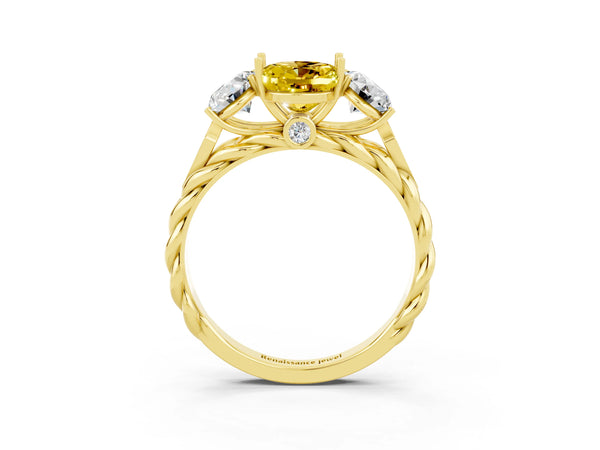 Yellow gold Three-Stone Oval Cut Yellow Sapphire Braided Band Ring with Four-Prong Setting