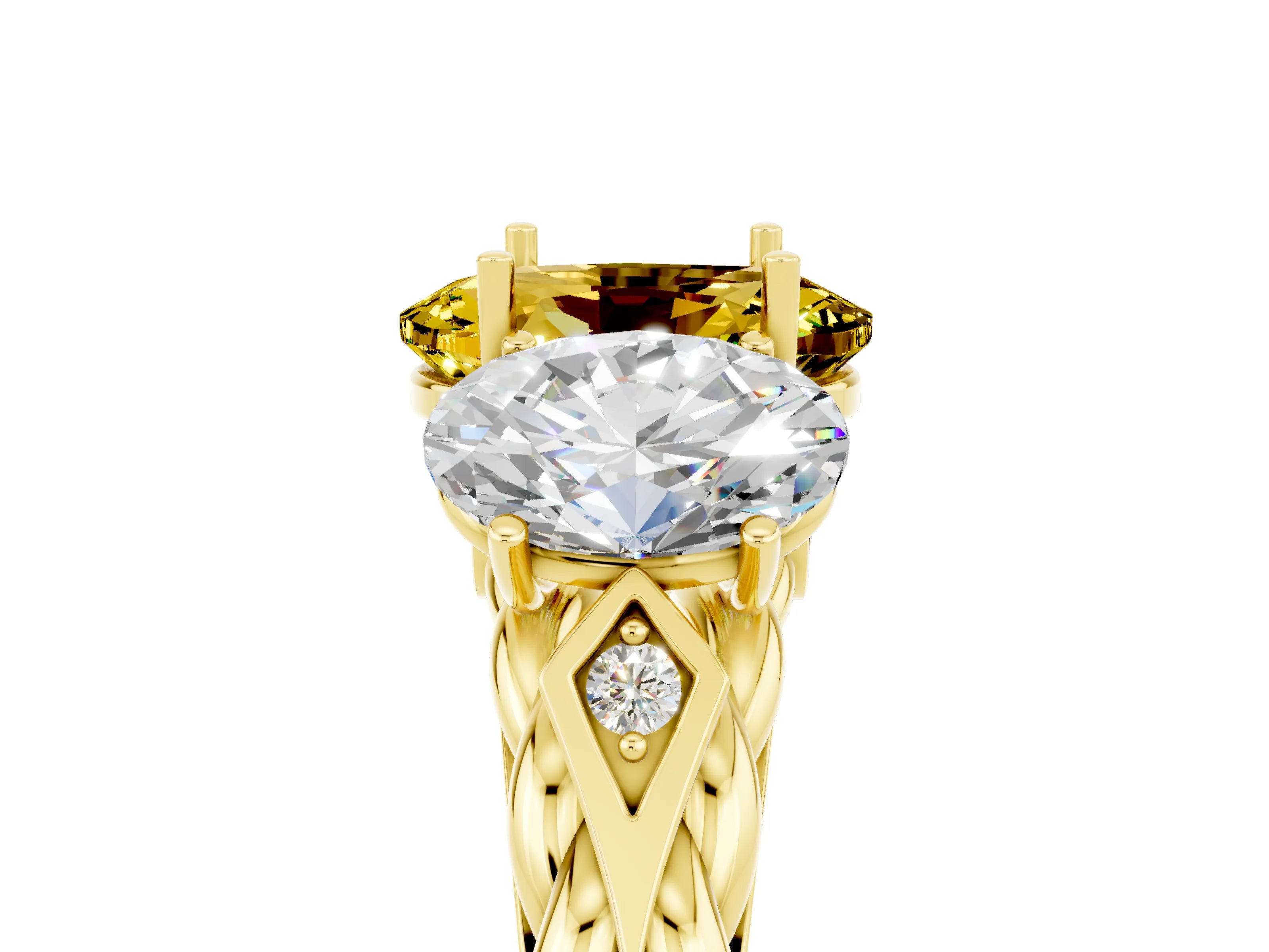Yellow gold Three-Stone Oval Cut Yellow Sapphire Braided Band Ring with Four-Prong Setting_41