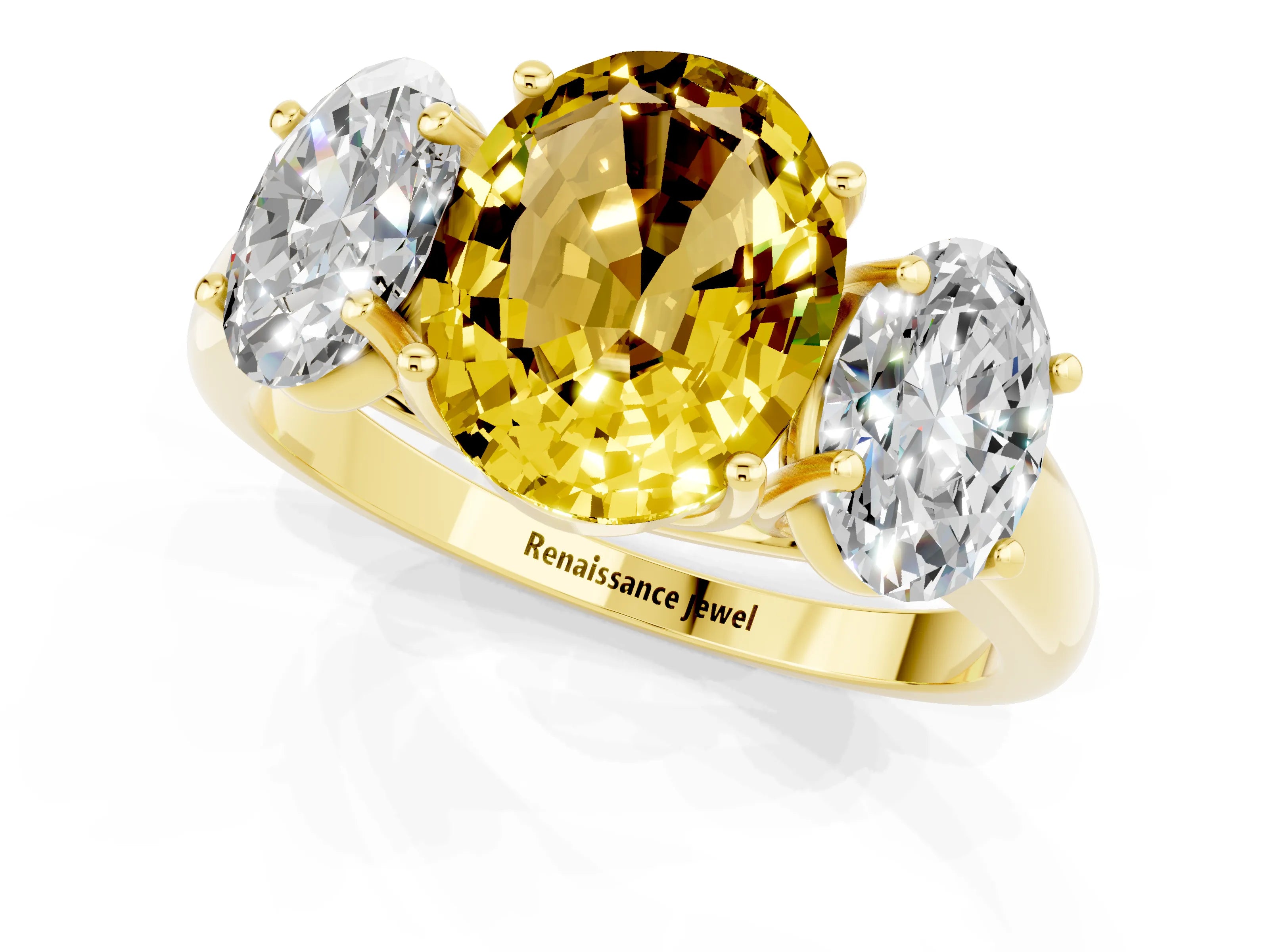 Yellow gold Three-Stone Oval Cut Yellow Sapphire Engagement Ring with Prong Setting_1