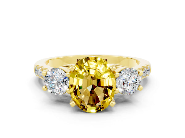 Yellow gold Three-Stone Oval Cut Yellow Sapphire Pavé Band with Four-Prong Setting