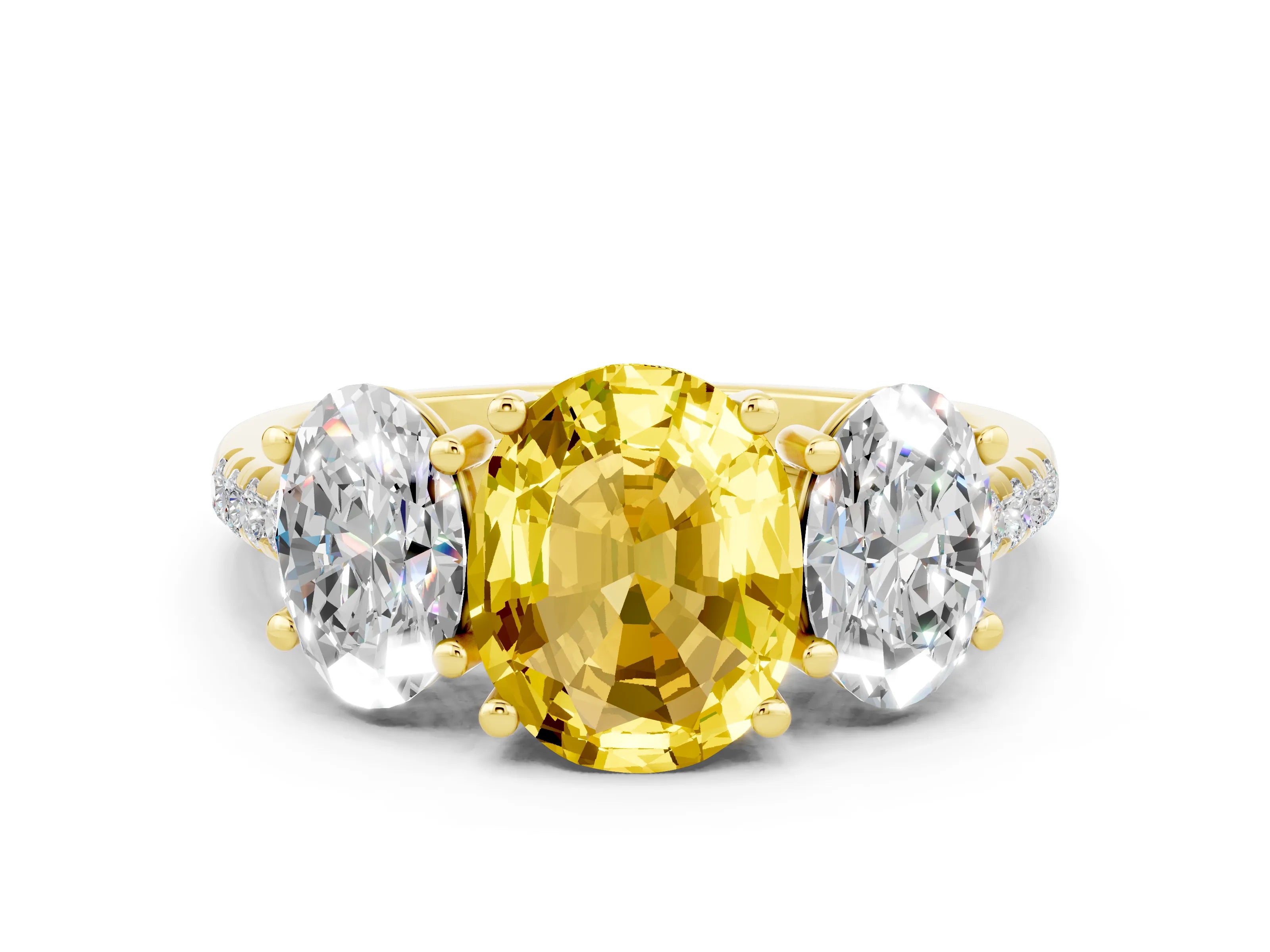 Yellow gold Three-Stone Oval Cut Yellow Sapphire Ring with Pavé Band and Prong Setting_36