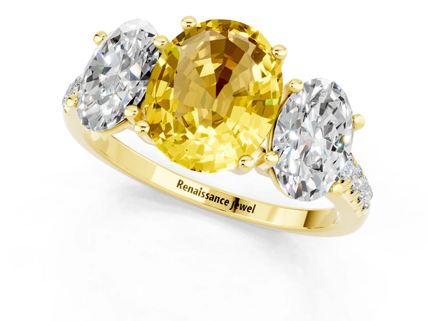 Yellow gold Three-Stone Oval Cut Yellow Sapphire Ring with Round  Pavé Band and Prong Setting