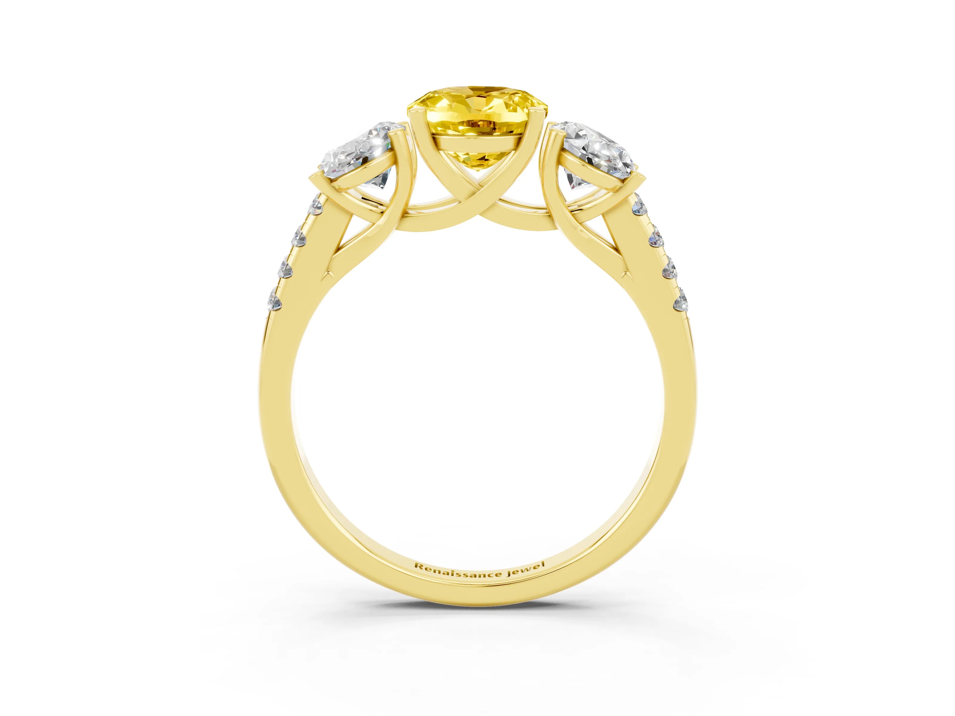 Yellow gold Three-Stone Oval Cut Yellow Sapphire Ring with Pavé Band and Prong Setting_39