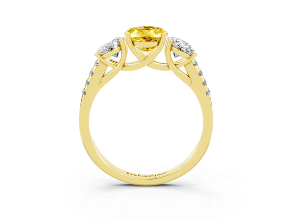 Yellow gold Three-Stone Oval Cut Yellow Sapphire Ring with Round  Pavé Band and Prong Setting