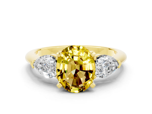 Yellow gold Three-Stone Oval Cut Yellow Sapphire Ring with Pear Side Stones and Four-Prong Setting
