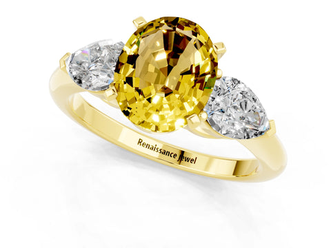 Yellow gold Three-Stone Oval Cut Yellow Sapphire Ring with Pear Side Stones and Four-Prong Setting_25