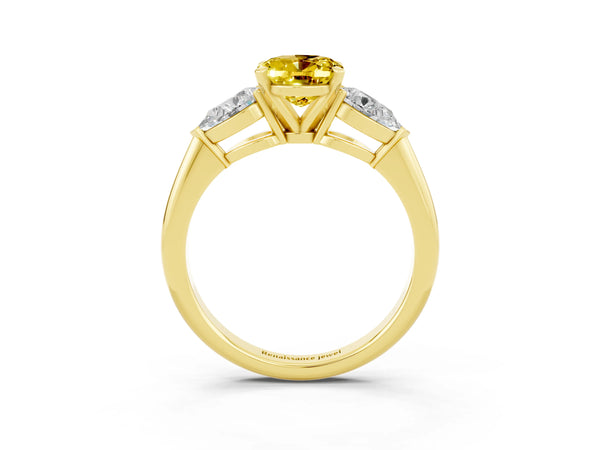 Yellow gold Three-Stone Oval Cut Yellow Sapphire Ring with Pear Side Stones and Four-Prong Setting