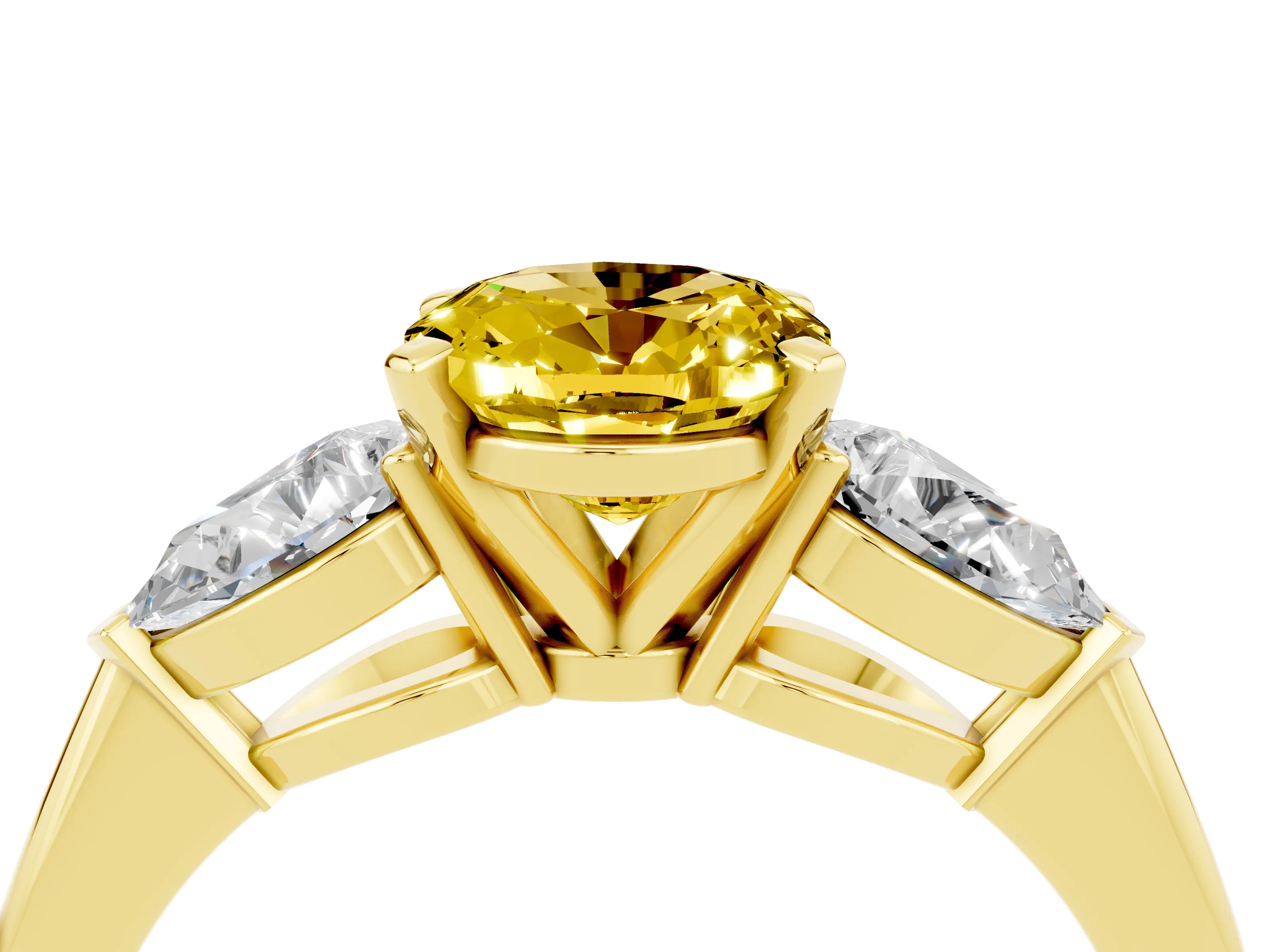 Yellow gold Three-Stone Oval Cut Yellow Sapphire Ring with Pear Side Stones and Four-Prong Setting_28
