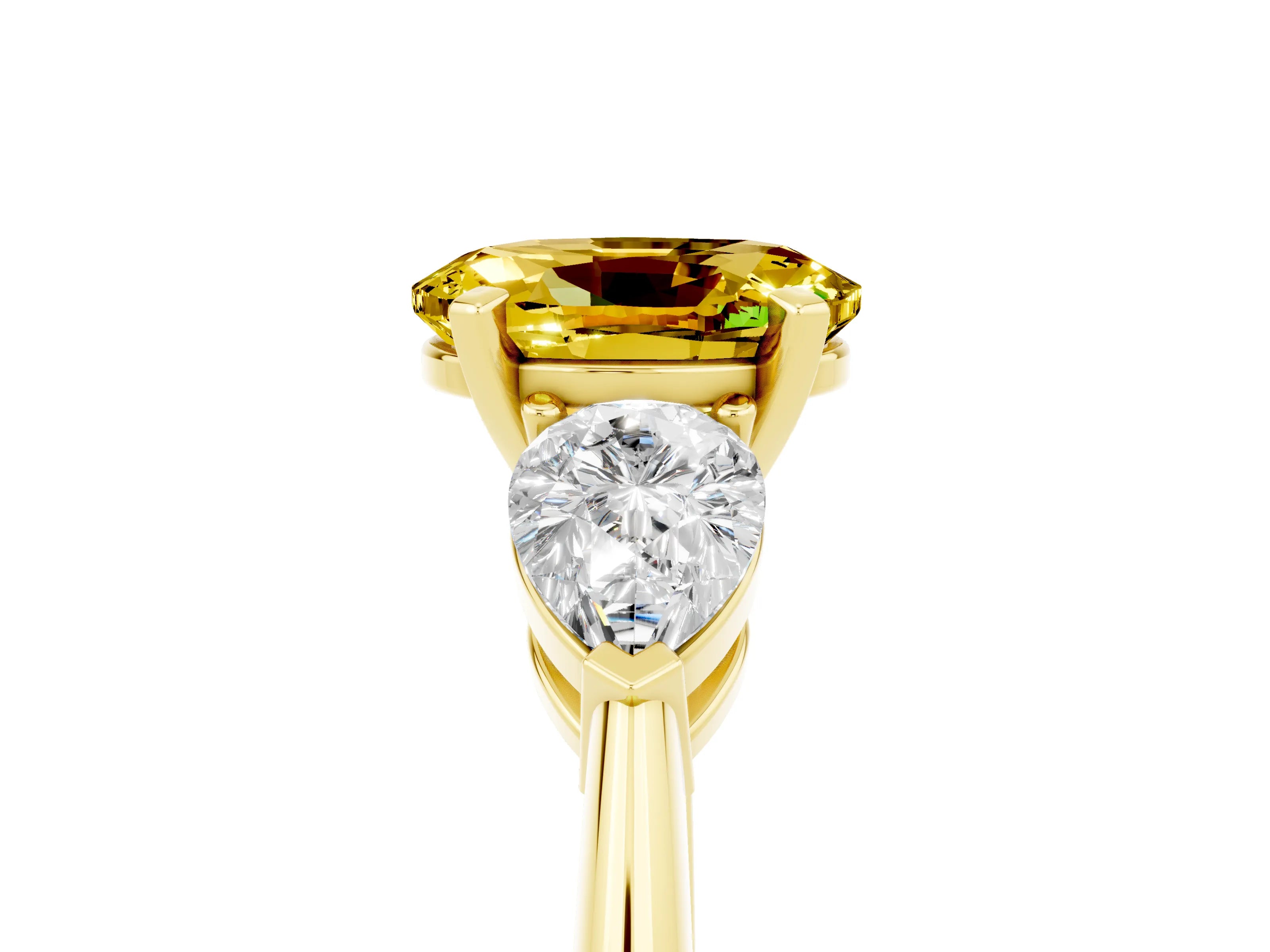 Yellow gold Three-Stone Oval Cut Yellow Sapphire Ring with Pear Side Stones and Four-Prong Setting_29