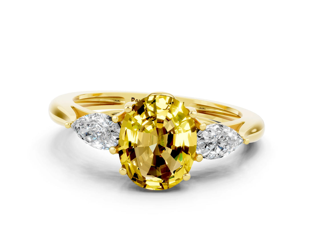 Yellow gold Three-Stone Oval Cut Yellow Sapphire Ring with Pear  Side Stones in Four-Prong Setting_12