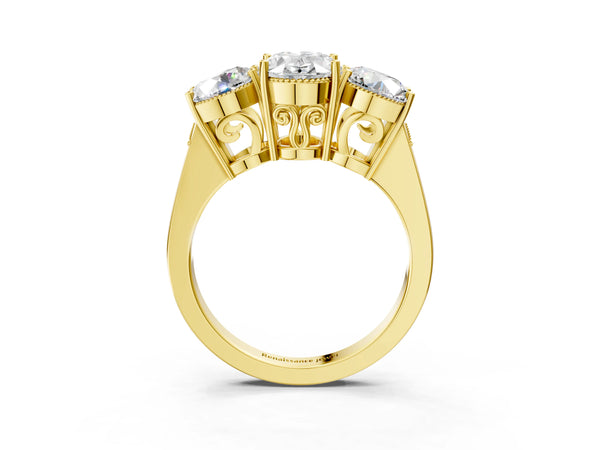 Yellow Gold Oval Vintage Three Stone Engagement Ring Setting with Milgrain Baskets