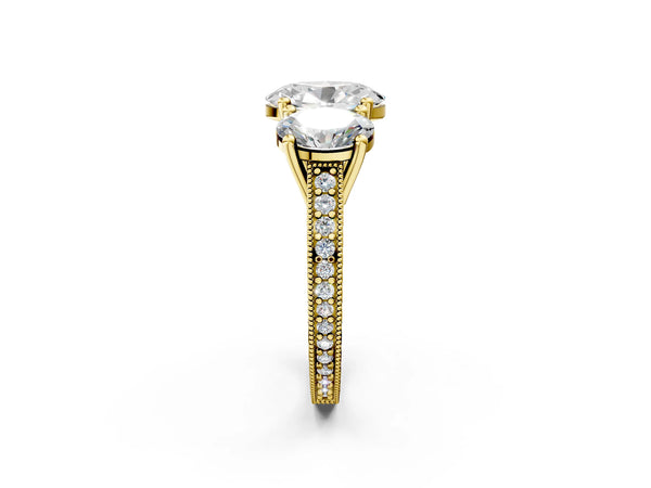 Yellow gold Three-Stone Oval Diamond Milgrain Pave Band with Prong Setting