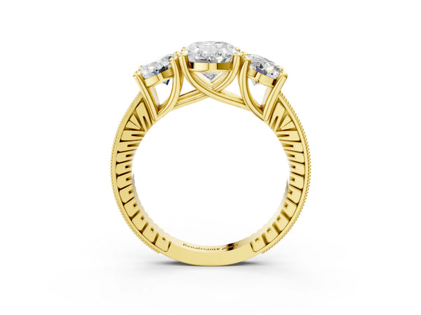 Yellow gold Three-Stone Oval Diamond Milgrain Pave Band with Prong Setting
