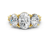 Yellow gold Three-Stone Oval Diamond Milgrain Pave Band with Prong Setting