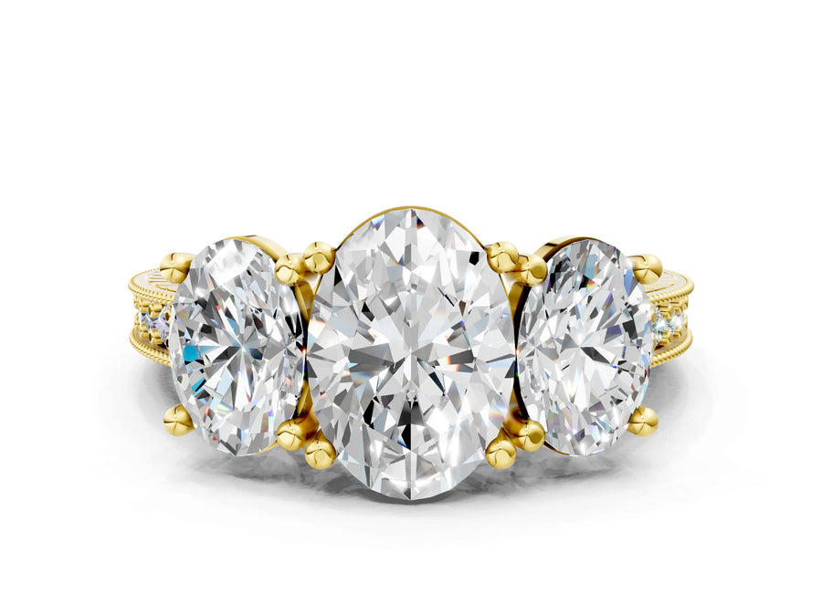 Yellow gold Three-Stone Oval Diamond Milgrain Pave Band with Prong Setting
