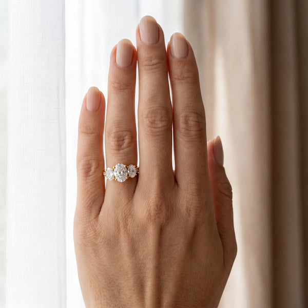 Yellow gold Three-Stone Oval Diamond Milgrain Pave Band with Prong Setting