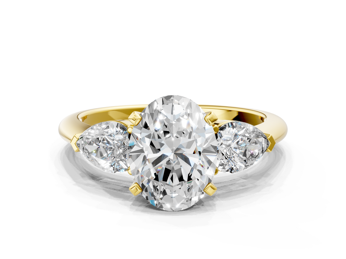 Yellow gold Three-Stone Oval Diamond Ring with Pear Side Stones in Four-Prong Setting_74