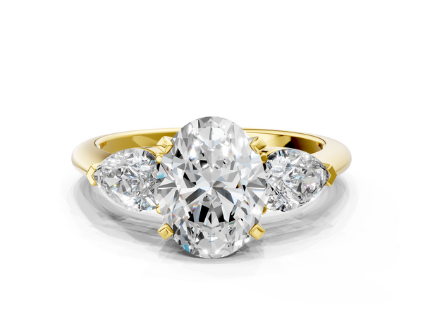 Yellow Gold Oval Three Stone Engagement Ring Setting with Large Pear Side Stones