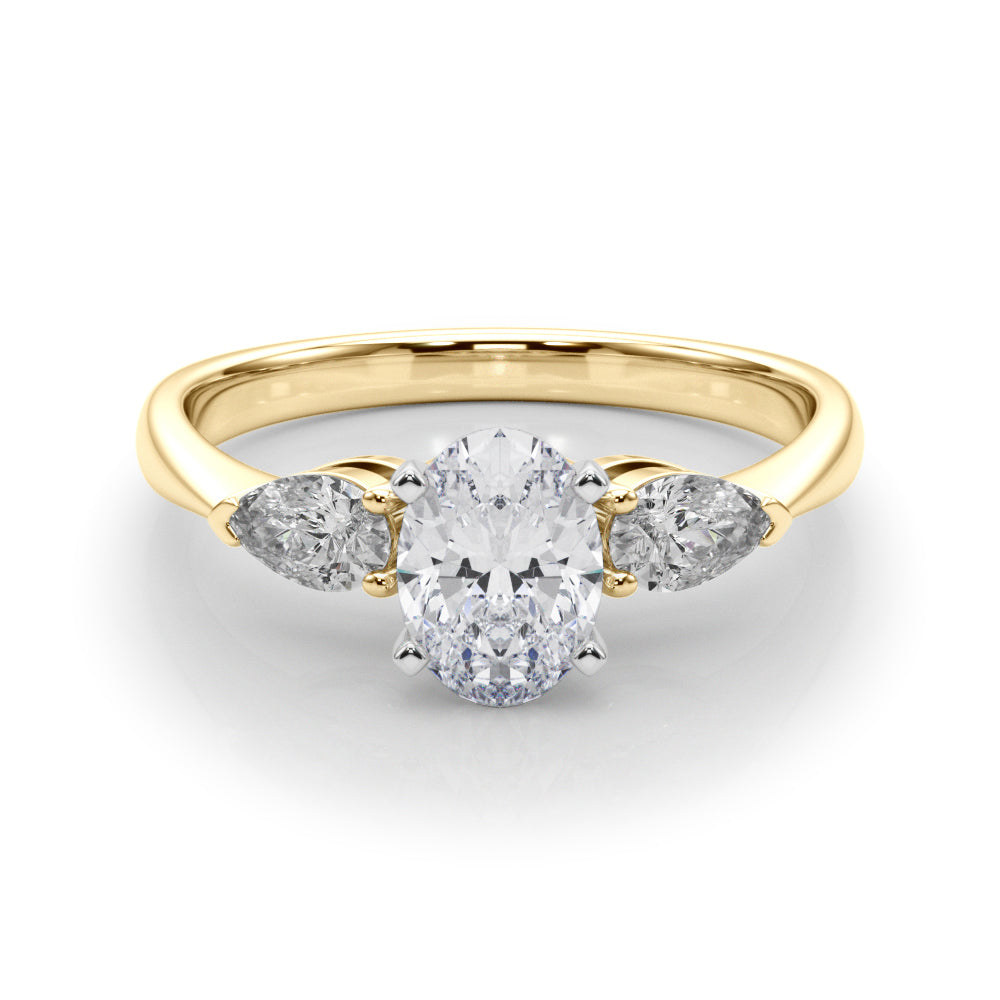Yellow gold Three-Stone Oval Diamond Ring with Pear Side Stones on a Platinum Band with Four-Prong Setting 1