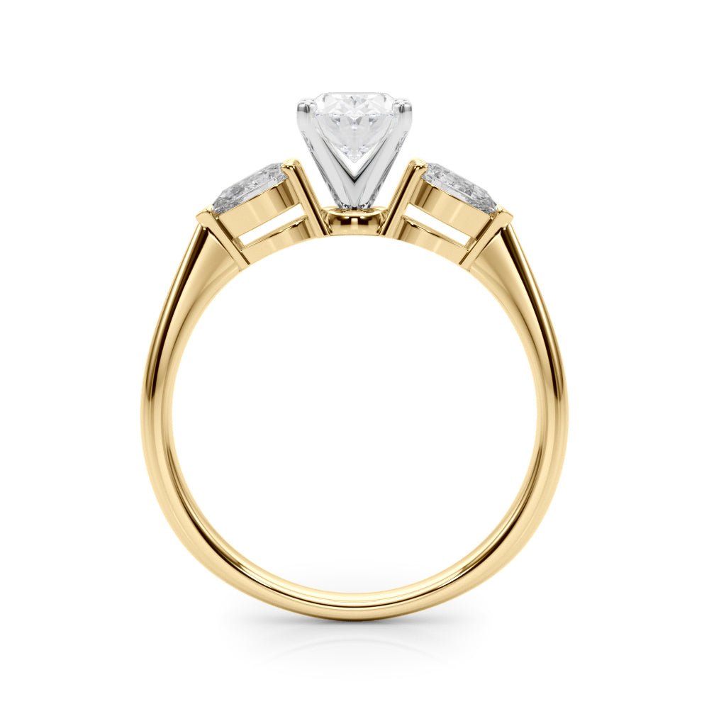 Yellow gold Three-Stone Oval Diamond Ring with Pear Side Stones on a Platinum Band with Four-Prong Setting 2