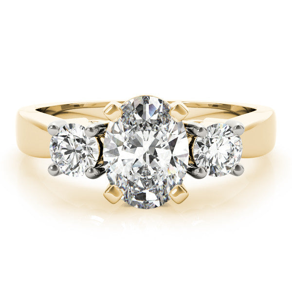 Yellow gold Three-Stone Oval Diamond Ring with Round Side Stones, Classic Band, and Four-Prong Setting 1