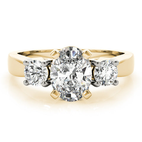 Yellow gold Three-Stone Oval Diamond Ring with Round Side Stones, Classic Band, and Four-Prong Setting 1