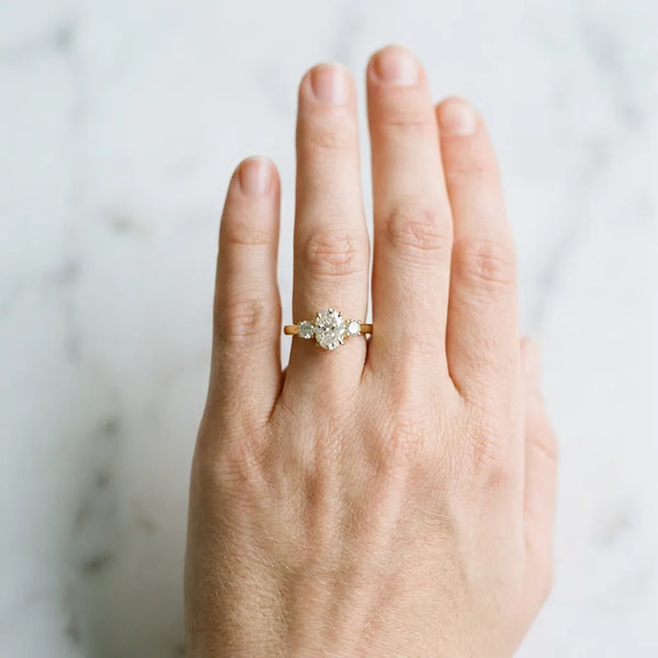 Yellow Gold Oval Three Stone Engagement Ring Setting with Round Side Stones