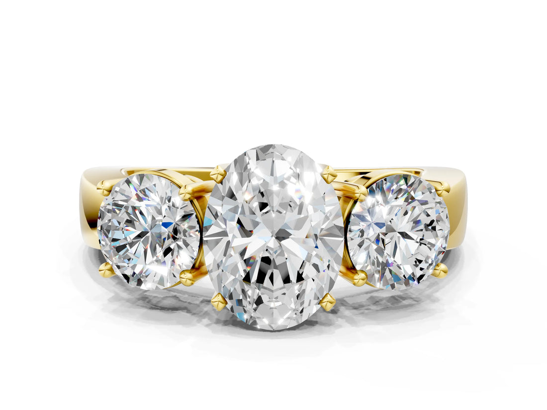Yellow gold Three-Stone Oval Diamond Ring with Round Side Stones, Classic Band, and Four-Prong Setting_51