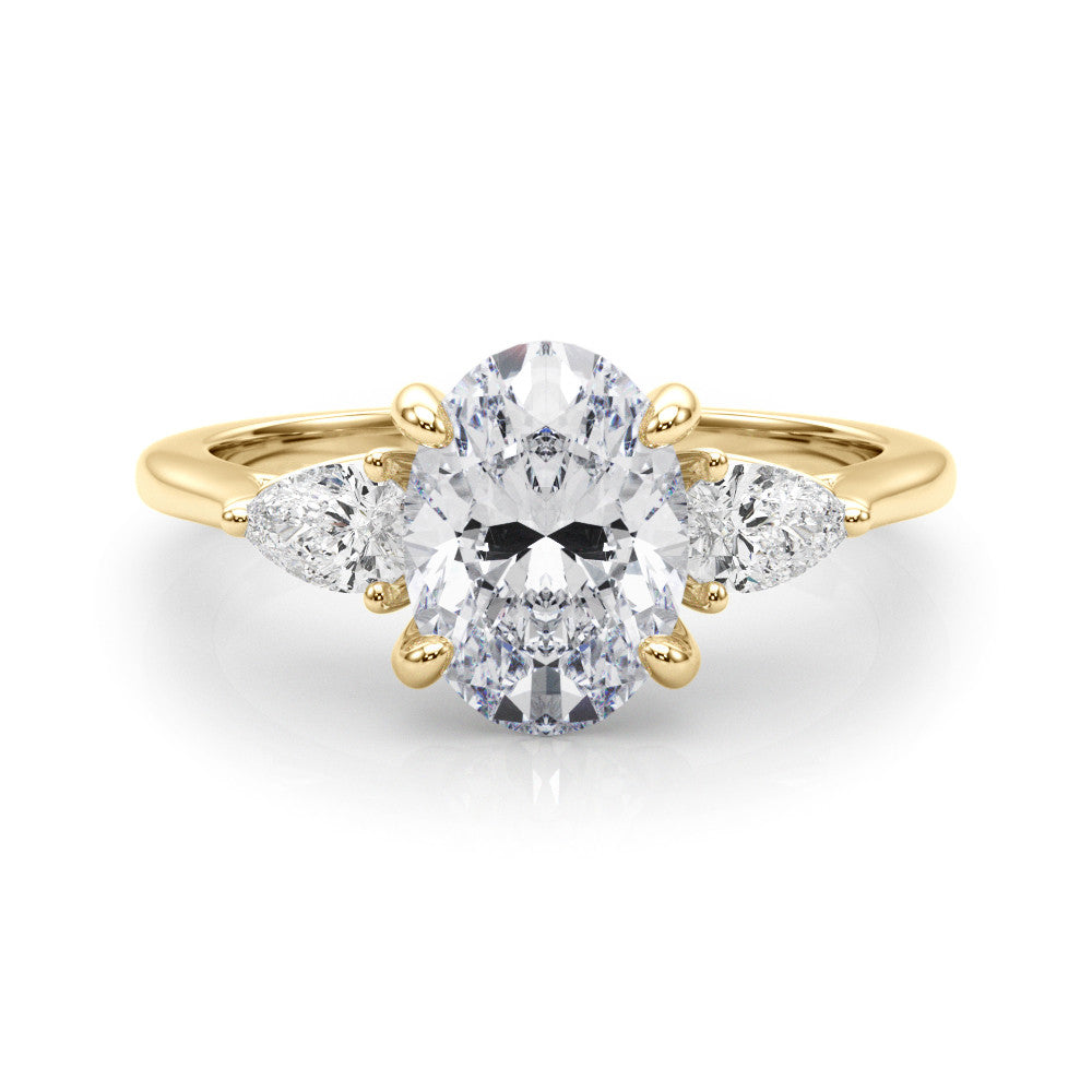 Yellow gold Three-Stone Oval Diamond Solitaire Ring with Pear Side Stones and Four-Prong Setting 1