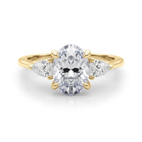 14K Yellow Gold Three-Stone 3.07 Carat F VS1 Oval Diamond Solitaire Ring with Pear Side Stones and Four-Prong Setting