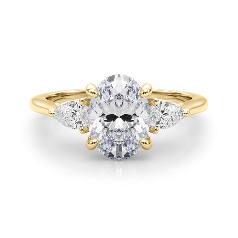 Yellow gold Three-Stone Oval Diamond Solitaire Ring with Pear Side Stones and Four-Prong Setting 1