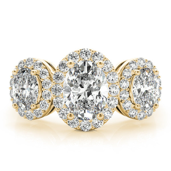 Yellow gold Three-Stone Oval Halo Diamond Ring with Pave Band and Four-Prong Setting 1